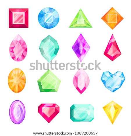 Diamond and gemstone set, precious design for gift. Jewelery bright decor. Vector flat style cartoon gemstone illustration isolated on white background