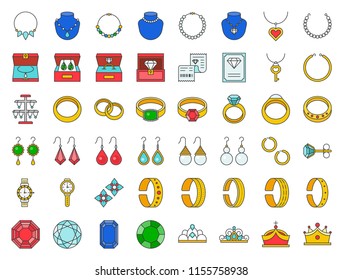 diamond, gemstones and jewelry related, filled outline icon set