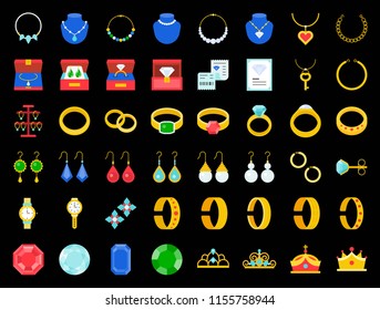 diamond, gemstones and jewelry related, flat icon set