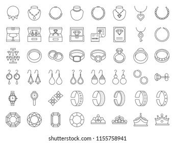 diamond, gemstones and jewelry related, thin line icon set