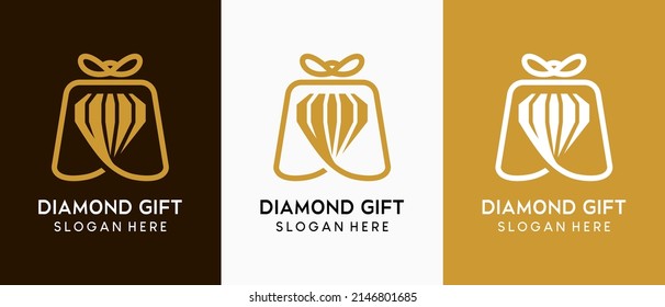 Diamond gift logo design in line art concept, diamond icon blends with gift icon