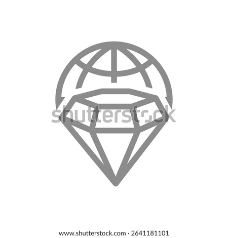 Diamond with globe line icon. Global luxury, international value, worldwide premium quality symbol. Vector illustration