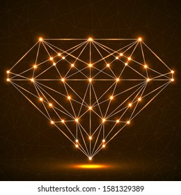 Diamond with glowing lines and dots, polygonal structure. Vector illustration