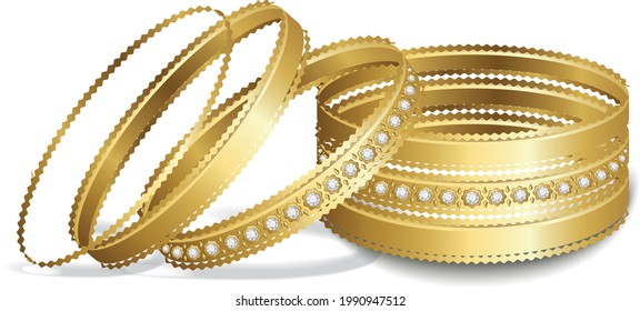 Diamond And Gold Bangle Gold Bracelet Jewelry Woman Fashion Indian Bridal Bangles Arabian Bangles Vector Illustration