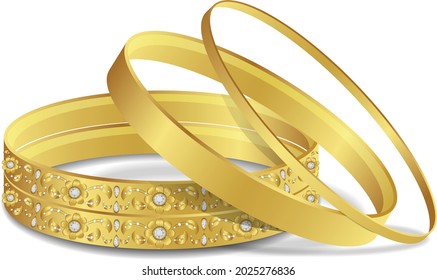 Diamond And Gold Bangles Or Gold Bracelet Woman Fashion Jewelry Luxury Bangle Set Vector Illustration