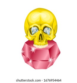 diamond gold human skull with red ruby eyes
