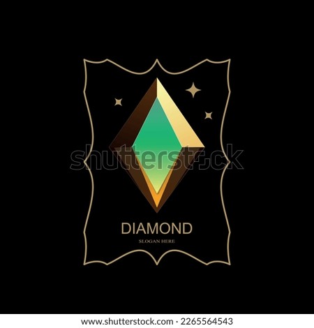 Diamond green precious stone with 3D effect on black background. Colorful jewelry icon art design template. Vector illustration.