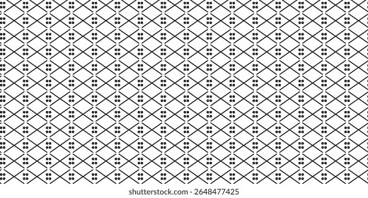 Diamond grid design with four-dot center motifs. Clean, black and white repetitive pattern suitable for decor or digital backgrounds.