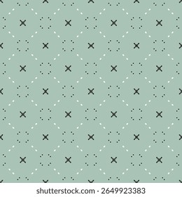 Diamond grid flowers accented with neat dotted details green sage background seamless pattern. Petite floral icons structured within a geometric scheme background.