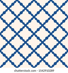 Diamond grid pattern. Vector abstract floral seamless texture. Elegant blue and white background. Simple geometric ornament with rhombuses, net, mesh, lattice, repeat tiles. Oriental style design