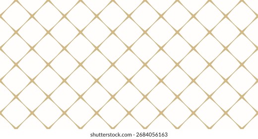 Diamond grid seamless pattern. Luxury gold and white geometric texture with diagonal crossing lines, square lattice, net, mesh, grill. Simple golden abstract minimal background. Repeating geo design