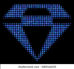 Diamond halftone vector icon. Illustration style is pixelated iconic diamond symbol on a black background. Halftone matrix is build with circle items.