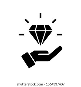 Diamond In The Hand Icon in black flat design on white background, Business Core Values Sign, Brilliant, Creative Idea Concept
