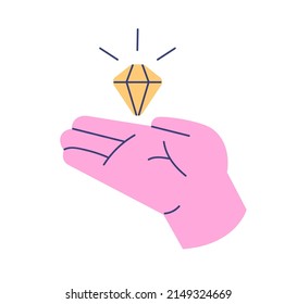 Diamond in hand icon. Brilliant idea, insight, secret knowledge, dream concept. Creative energy, inspiration, imagination, talent in arm. Flat vector illustration isolated on white background