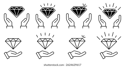 Diamond in the hand Icon set. Diamond in the hand symbol for web design and mobile app. Diamond in the hand line logo.