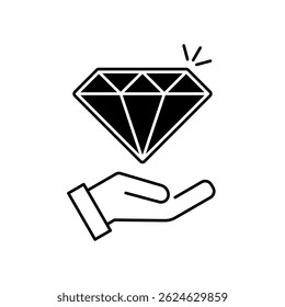 Diamante en la mano Icono. Diamante en el símbolo de la mano para el Diseño web y el App móvil. Diamante en el logotipo de la línea de la mano. Ilustración vectorial.