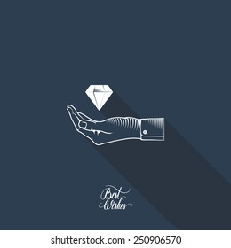 Diamond in hand on dark blue background with long shadow vector illustration.