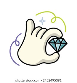 Diamant in der Hand, Edelstein in der Hand. Steinanalyse. Cartoon-Stil. Illustration für Design und Dekoration.