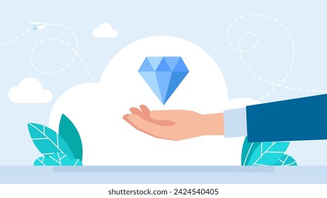Diamond in hand. Premium sign Diamond. Prizes and trophy symbol. Brilliant idea, insight, secret knowledge, dream concept. Creative energy, inspiration, imagination, talent in arm. Vector illustration