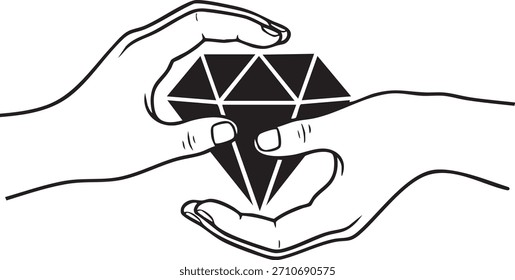 Mãos de diamante segurando silhuetas de pedra preciosa isoladas no fundo branco