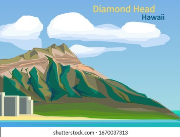 Diamond Head Crater on the Hawaiian island of Oahu, United States, vector illustration