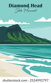 Monumento do Estado Diamond Head, Havaí, Cartazes de Viagem Vintage. Ilustração vetorial. Impressões de alta qualidade