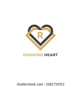 Diamond Heart Logo Concept sign icon symbol Design with Letter R. Heart Diamond Logo. Vector illustration logo template