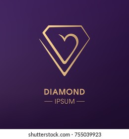 Diamond Heart Logo. Golden Icon. Vector Image.