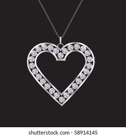 A Diamond Heart Necklace Isolated On Black. EPS10 Vector Format.