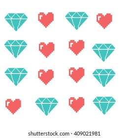 Diamond and heart pixel art vector illustration 