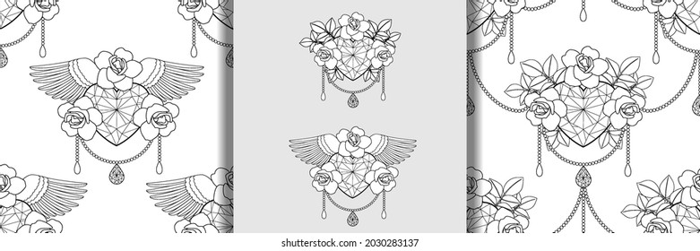 Corazón de diamante y rosas esquematizan las huellas y los patrones sin fisuras. Patrón vectorial floral y de joyería para impresiones textiles, libros para colorear, estampados de camisetas, pegatinas, tatuajes y parches.