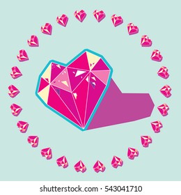 Diamond heart Vector with sparkles and circle heart frame. Valentine's day love symbol in colorful cartoon and geometric style. Fit for chic illustration. EPS8