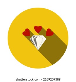 Diamond With Hearts Icon. Flat Circle Stencil Design With Long Shadow. Vector Illustration.