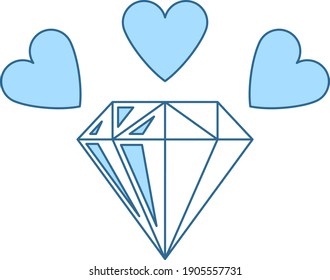 Diamond With Hearts Icon. Thin Line With Blue Fill Design. Vector Illustration.