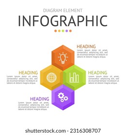 colmena hexagonal de diamante para infografía. se utiliza para el diagrama de procesos, presentación, flujo de trabajo, diseño de información, banner, gráfico y gráfico. concepto de negocio con 4 opciones. visualización de datos.