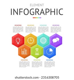 línea de colmena hexagonal de diamante para infografía. se utiliza para el diagrama de procesos, presentación, flujo de trabajo, diseño de información, banner, gráfico y gráfico. concepto de negocio con 7 opciones. visualización de datos.