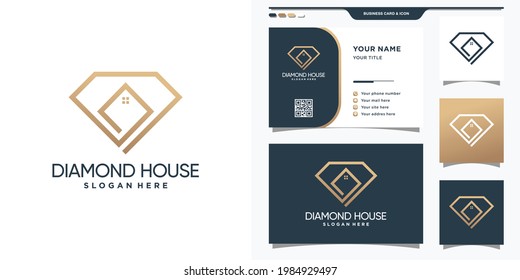 Diamond And House Logo In Linear Style And Business Card Design