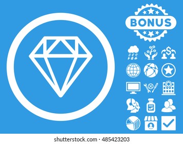 Diamond icon with bonus design elements. Vector illustration style is flat iconic symbols, white color, blue background.