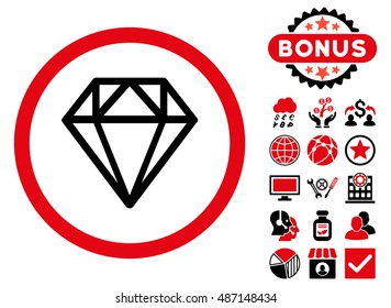 Diamond icon with bonus pictogram. Vector illustration style is flat iconic bicolor symbols, intensive red and black colors, white background.