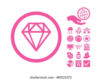 Diamond icon with bonus symbols. Vector illustration style is flat iconic symbols, pink color, white background.