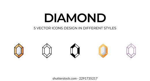 Diseño de iconos de diamante en cinco estilos con pulsación editable. Línea, Sólido, Línea plana, Color de tono Duo y Línea de degradado de color. Adecuado para diseño de páginas Web, aplicaciones móviles, UI, UX y GUI.