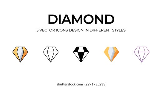 Diamond Icon Design in Five style with Editable Stroke. Line, Solid, Flat Line, Duo Tone Color, and Color Gradient Line. Suitable for Web Page, Mobile App, UI, UX and GUI design.