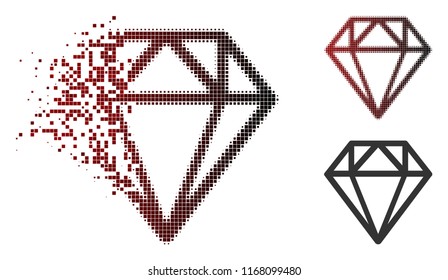 Diamond icon in dispersed, pixelated halftone and undamaged solid variants. Fragments are composed into vector disappearing diamond icon.