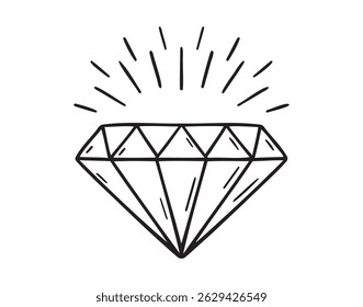 Ícone de diamante rabiscar desenhado à mão. Diamante raios brilhantes esboço linha desenho clipart símbolo. Ilustração vetorial