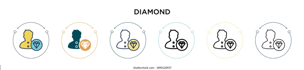 Icono de diamante en estilo relleno, delgado, contorno y trazo. La ilustración vectorial de dos diseños de iconos de los vectores de diamantes en color y negro se puede utilizar para móviles, ui, web