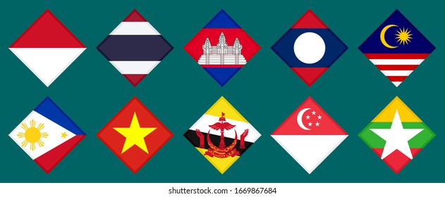 diamond icon, flags of aec members, isolated on teal background