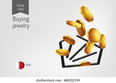Diamond icon with flying Bahraini Dinar coins, finance concept.