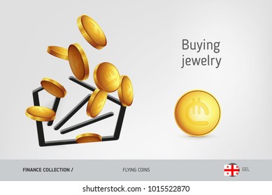 Diamond icon with flying Georgian Lari coins, finance concept. Vector illustration for print, websites, web design, mobile app, infographics.