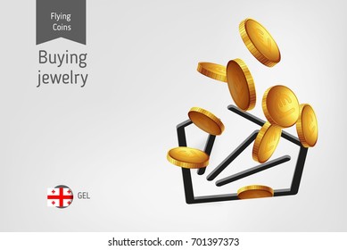 Diamond icon with flying Georgian Lari coins, finance concept.