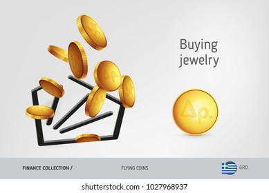 Diamond icon with flying Greek Drachma coins, finance concept. Vector illustration for print, websites, web design, mobile app, infographics.